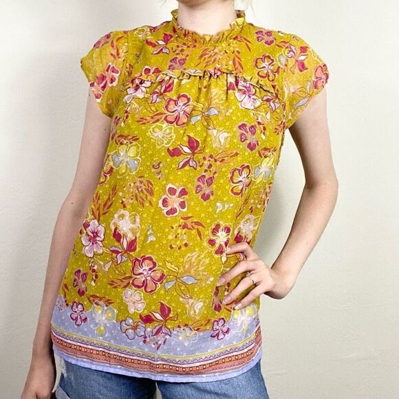 Joie Tops - Joie Mustard Yellow & Red Floral Swiss Dot Cap Sleeve Blouse Top Shirt Size M